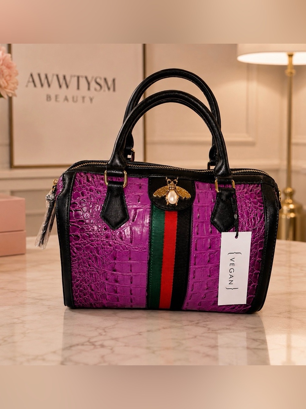NWT- Fashion Croc Alligator Queen Bee Stripe Boston Bag Satchel-long strap too